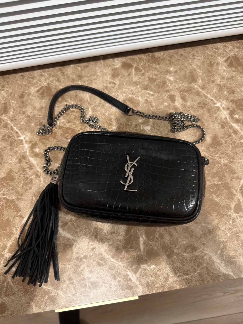 Saint Laurent Black Croc-Embossed Camera Bag with Tassel